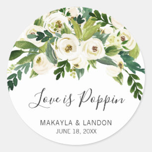 Love Is Poppin Elegant White Floral Wedding Favour Classic Round Sticker