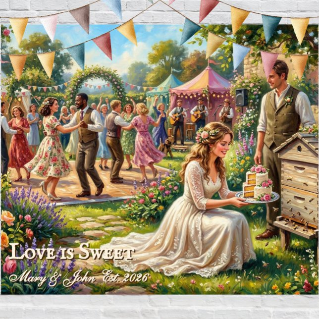 Love is Sweet Bee Wedding Keepsake Sign Tapestry (fabric wedding tapestry. whimsical painted scene of a summer garden wedding reception with a bride)