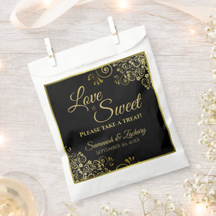 Love is Sweet Black & Gold Lace Wedding Favour Bags