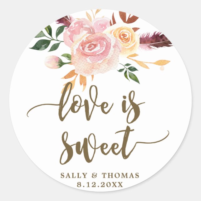 love is sweet boho floral pink favor sticker (Front)