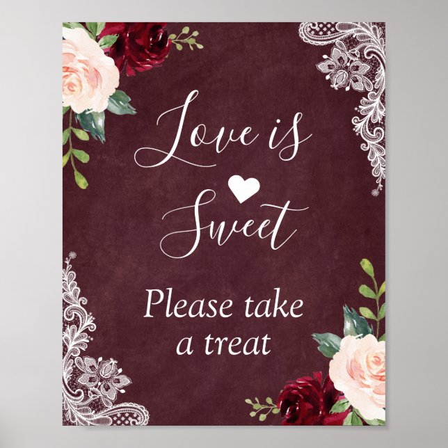 Love is Sweet Burgundy Blush Floral Lace Poster (Front)