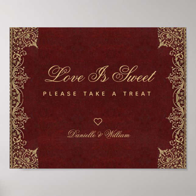 Love Is Sweet Burgundy Gold Candy Bar Wedding Sign (Front)