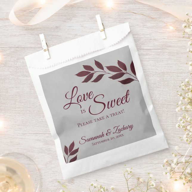 Love is Sweet Burgundy Leaves on Grey Wedding Favour Bags (Clipped)