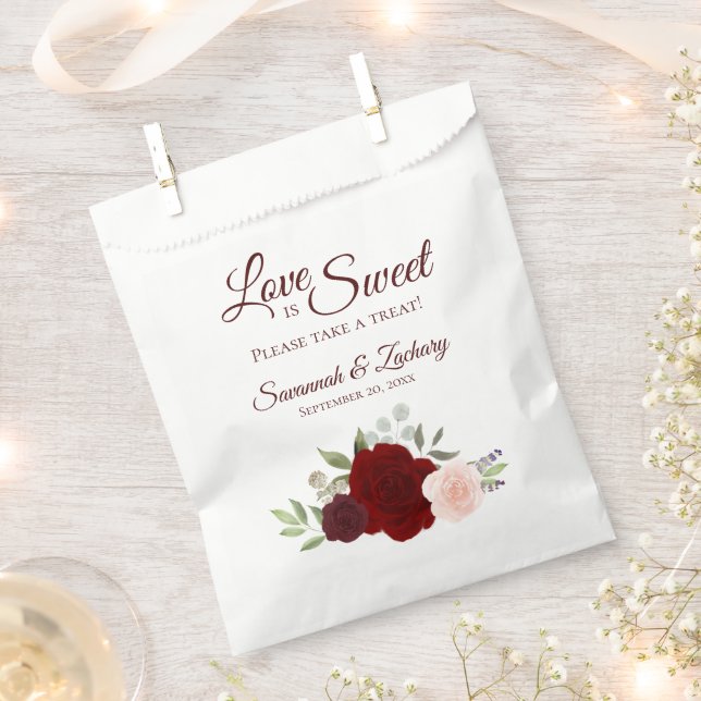 Love is Sweet Burgundy Red & Pink Floral Wedding Favour Bags (Clipped)