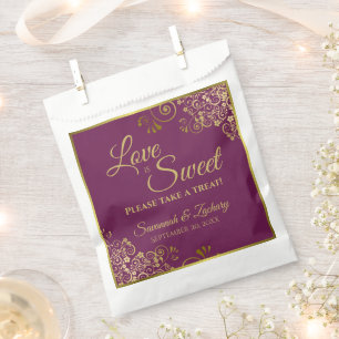 Love is Sweet Cassis Purple & Gold Lace Wedding Favour Bags