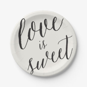 Love Is Sweet Classic Script Calligraphy Wedding Paper Plate