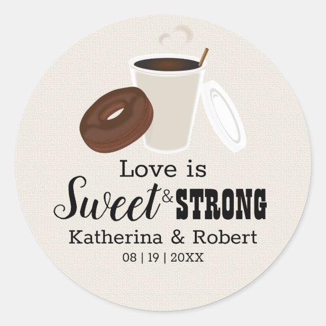 Love Is Sweet Coffee and Doughnut | Wedding Classic Round Sticker (Front)