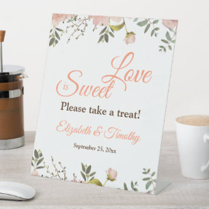 Love is Sweet Coral Peach Boho Floral Wedding Pedestal Sign