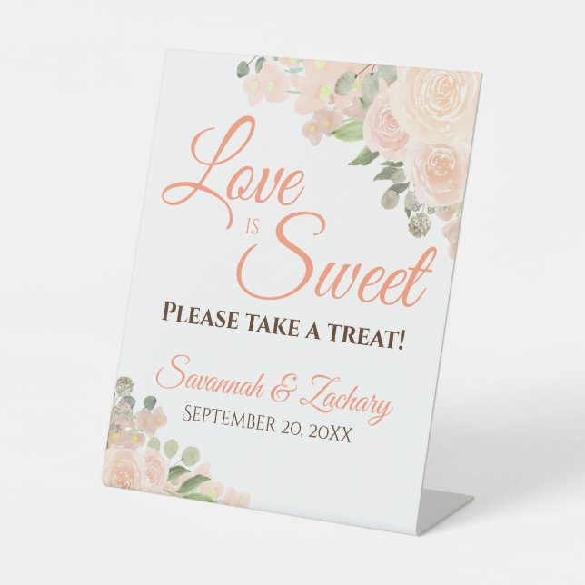 Love is Sweet Coral Peach Boho Floral Wedding Pedestal Sign (Front)