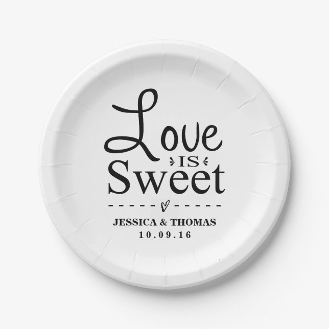 Love Is Sweet! Custom Black & White Wedding Paper Plate (Front)