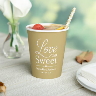 Love is Sweet Custom Gold Wedding Monogram Paper Cups