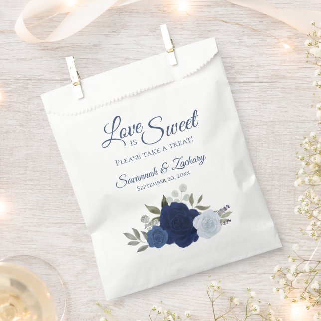 Love is Sweet Dusty Blue & Navy Floral Wedding Favour Bags (Clipped)