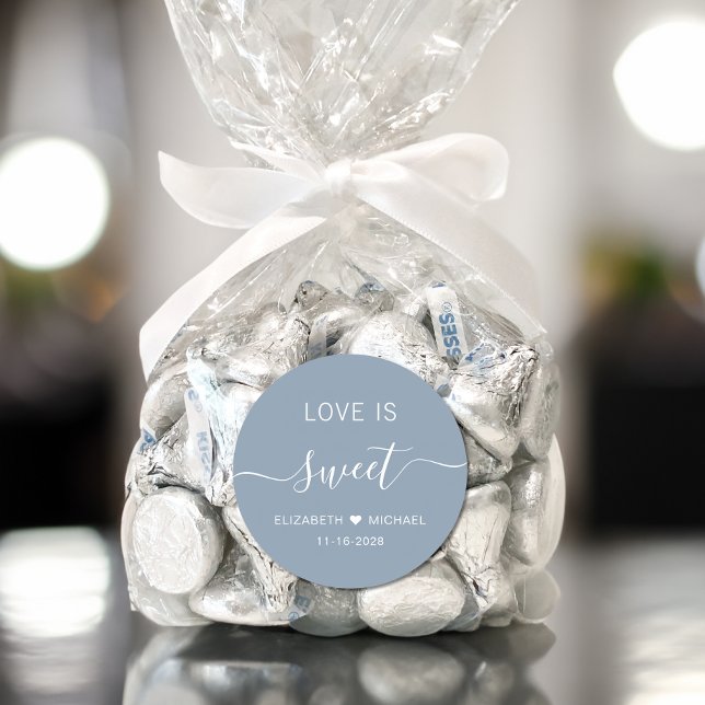 Love Is Sweet Dusty Blue Wedding Favour Classic Round Sticker (Creator Uploaded)