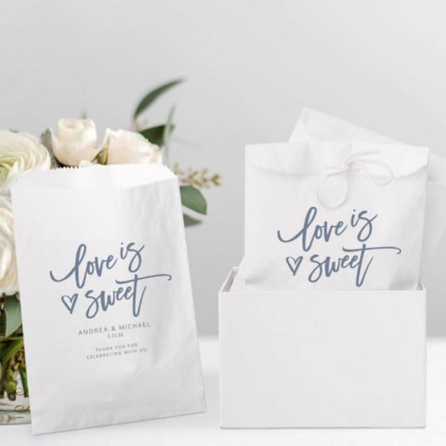 Love is Sweet Dusty Blue Wedding Fun Heart Favour Bags (Wedding Favor Bags - Love is Sweet - Dusty Blue - Fun Casual Handwriting with hand drawn heart)