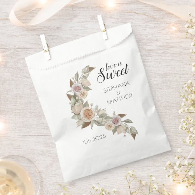 Love Is Sweet Dusty Pink Peach Roses Wedding Favour Bags (Clipped)