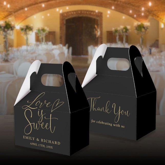 Love Is Sweet Elegant Black And Gold Wedding Favour Box (Love Is Sweet Elegant Black And Gold Wedding Favor Boxes)