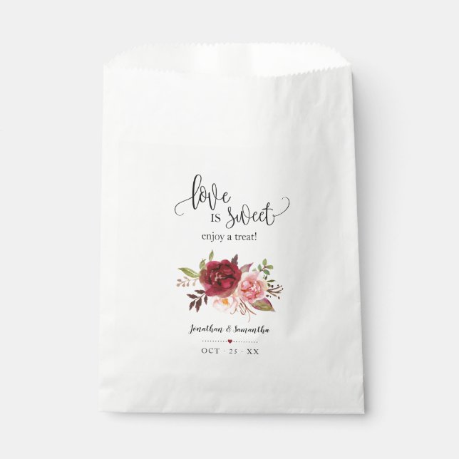 Love is sweet enjoy a treat marsala floral wedding favour bags (Front)