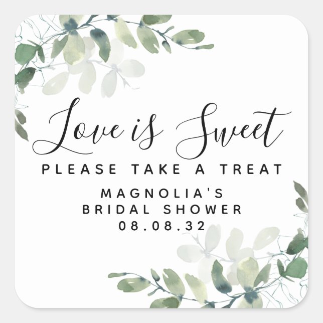 Love is Sweet Eucalyptus Bridal Shower Square Sticker (Front)