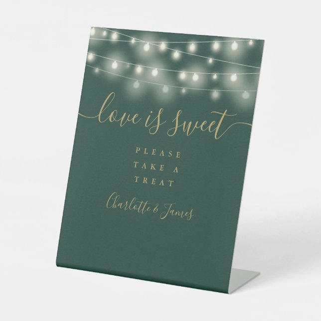 Love Is Sweet Favor String Lights Green And Gold Pedestal Sign (Front)