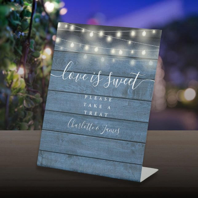Love Is Sweet Favour String Lights Blue Rustic Woo Pedestal Sign (Love Is Sweet Favor String Lights Blue Rustic Wood Pedestal Sign)