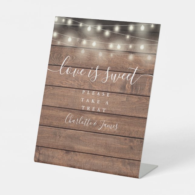 Love Is Sweet Favour String Lights Rustic Wood Pedestal Sign (Front)