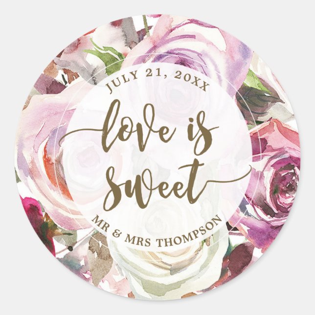 love is sweet floral purple roses favour sticker (Front)