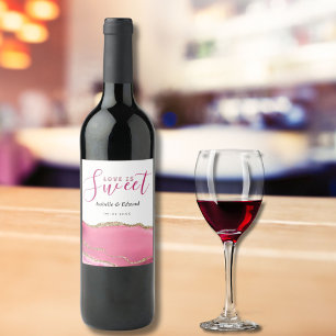 Love Is Sweet Gold & Pink Agate Stone Wedding Wine Label