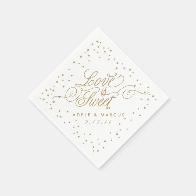 "Love is Sweet" Gold Stars Fancy Wedding Napkins (Corner)