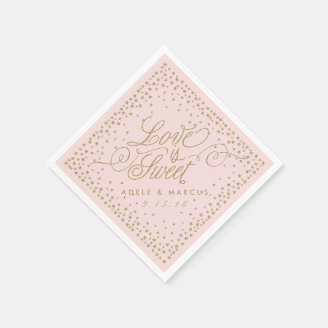 "Love is Sweet" Gold Stars Pink Wedding Napkins (Corner)