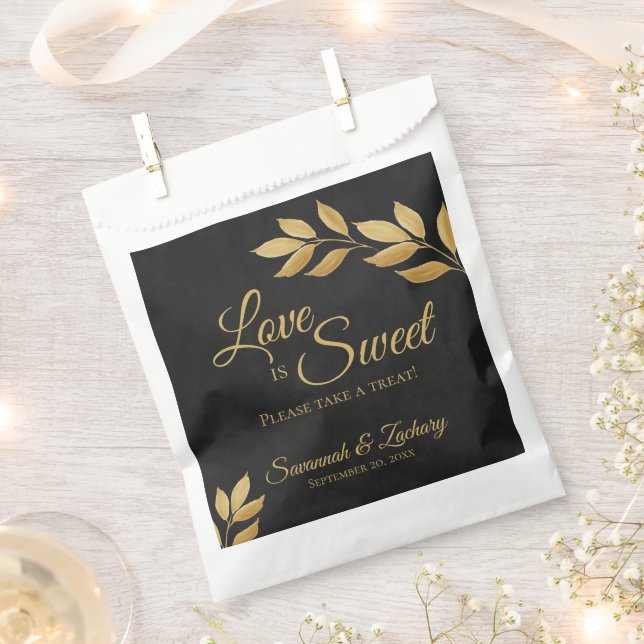 Love is Sweet Golden Leaves on Black Wedding Favour Bags (Clipped)