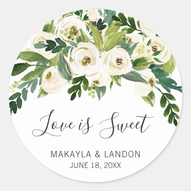 Love Is Sweet Greenery White Floral Wedding Classic Round Sticker (Front)