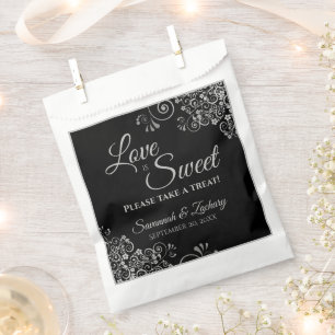 Love is Sweet Lacy Silver & Black Elegant Wedding Favour Bags