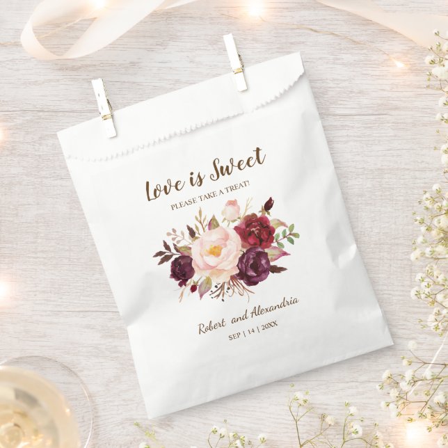 Love is Sweet Marsala Flowers Wedding Treat Favour Bags (Clipped)