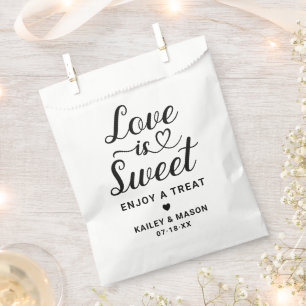 Love is Sweet Modern Black Heart Script Wedding Favour Bags