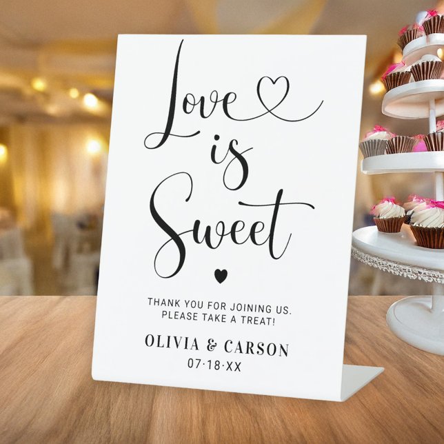 Love is Sweet Modern Black Heart Script Wedding Pedestal Sign (Creator Uploaded)