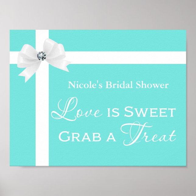 Love is Sweet Modern Blue & White Bow Table Sign (Front)