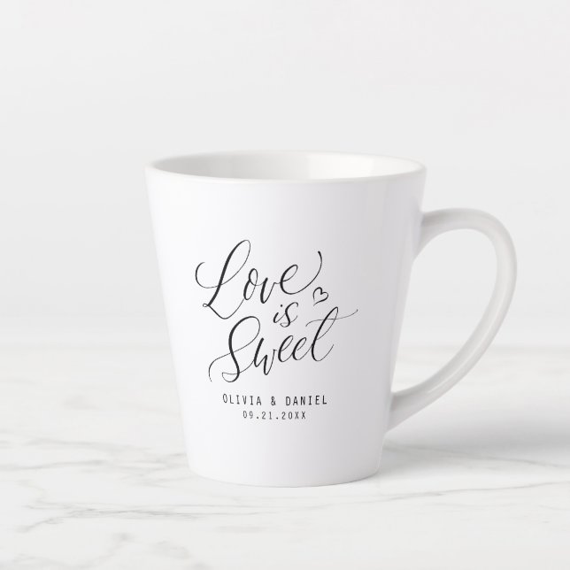 "love is sweet" modern calligraphy wedding favour latte mug (Right)