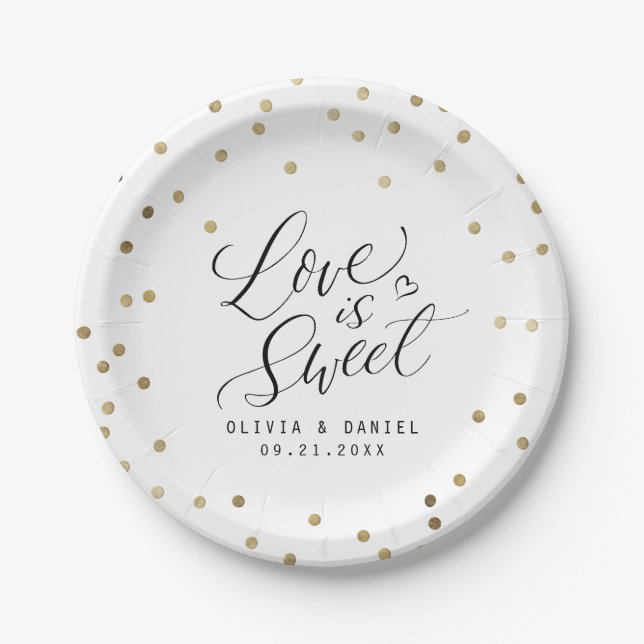"love is sweet" modern calligraphy wedding paper plate (Front)