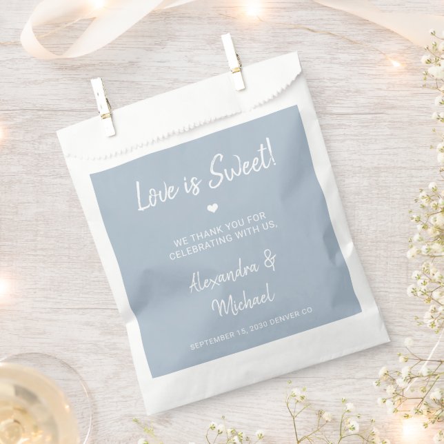 Love is sweet modern dusty blue wedding favour bags (Clipped)