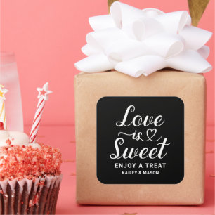 Love is Sweet Modern Heart Script Black Wedding Square Sticker