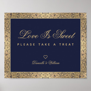 Love Is Sweet Navy Blue Gold Roses Wedding Sign