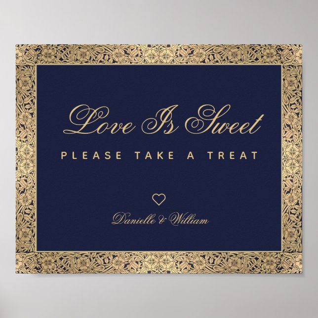 Love Is Sweet Navy Blue Gold Roses Wedding Sign (Front)