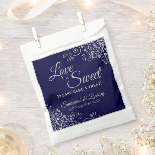 Love is Sweet Navy Blue & Silver Lace Wedding Favour Bags