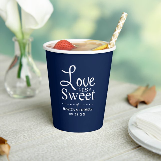 Love Is Sweet! Navy Blue & White Wedding Paper Cups (Insitu)