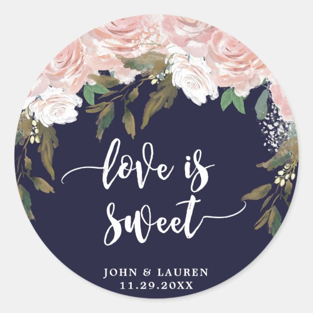 love is sweet Navy pale pink favor stickers (Front)