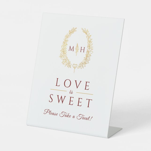 Love is sweet oval wreath gold red wedding treat pedestal sign (Front)