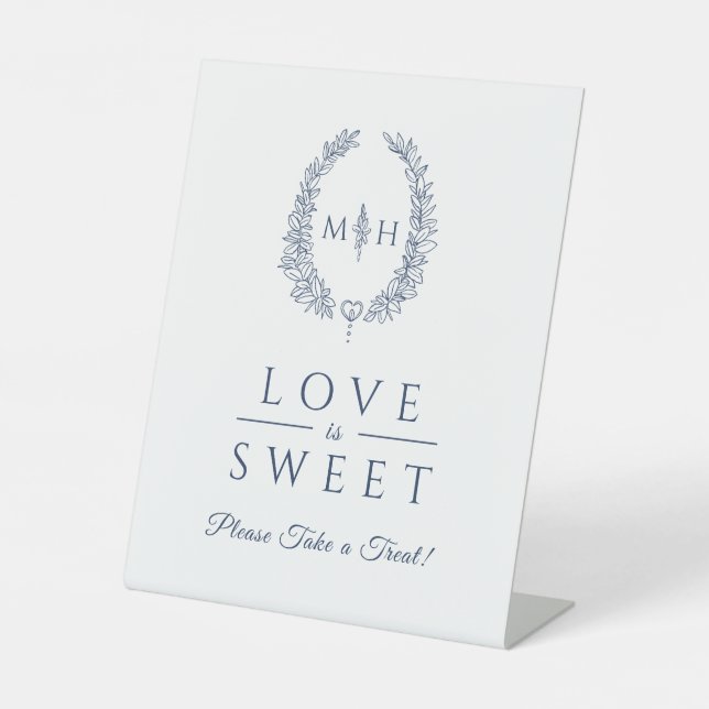 Love is sweet oval wreath white navy wedding treat pedestal sign (Front)