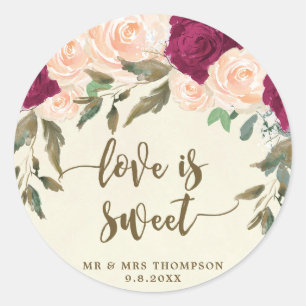 love is sweet peach burgundy favor sticker