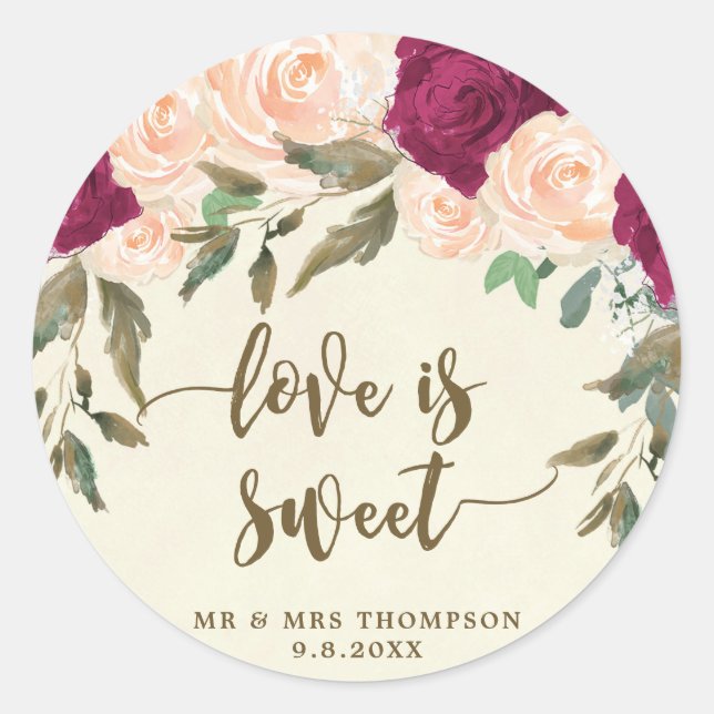 love is sweet peach burgundy favor sticker (Front)