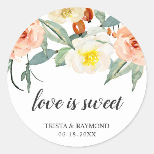 Love Is Sweet Peach Floral Wedding Favour Classic Round Sticker